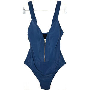 Kona Sol Womens Ribbed One Piece Swimsuit Small Blue Zipper Front Resort Beach